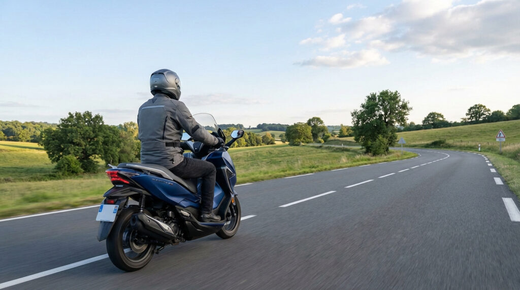 Scooter sur route nationale avec panneaux de signalisation, illustrant les règles de circulation pour 2026