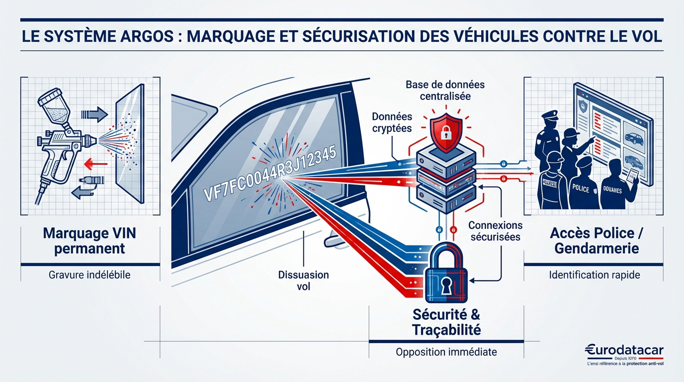 Processus de marquage des vitres et interconnexion avec la base de données ARGOS pour la protection des véhicules