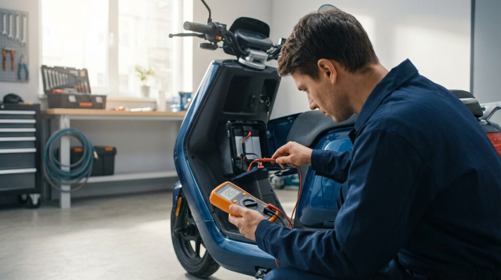 Diagnostic de panne de démarrage d'un scooter avec multimètre et outils