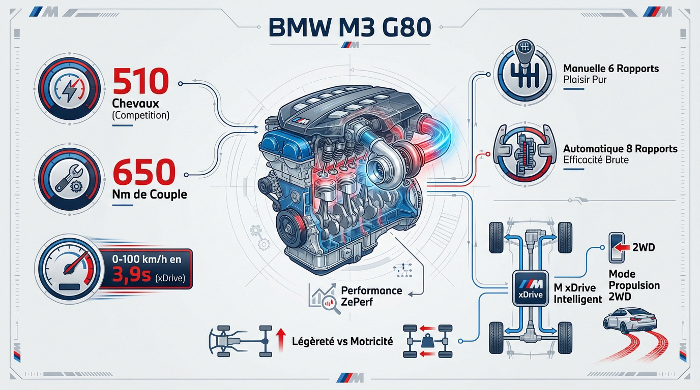 Infographie technique du moteur S58 et des performances de la BMW M3 G80