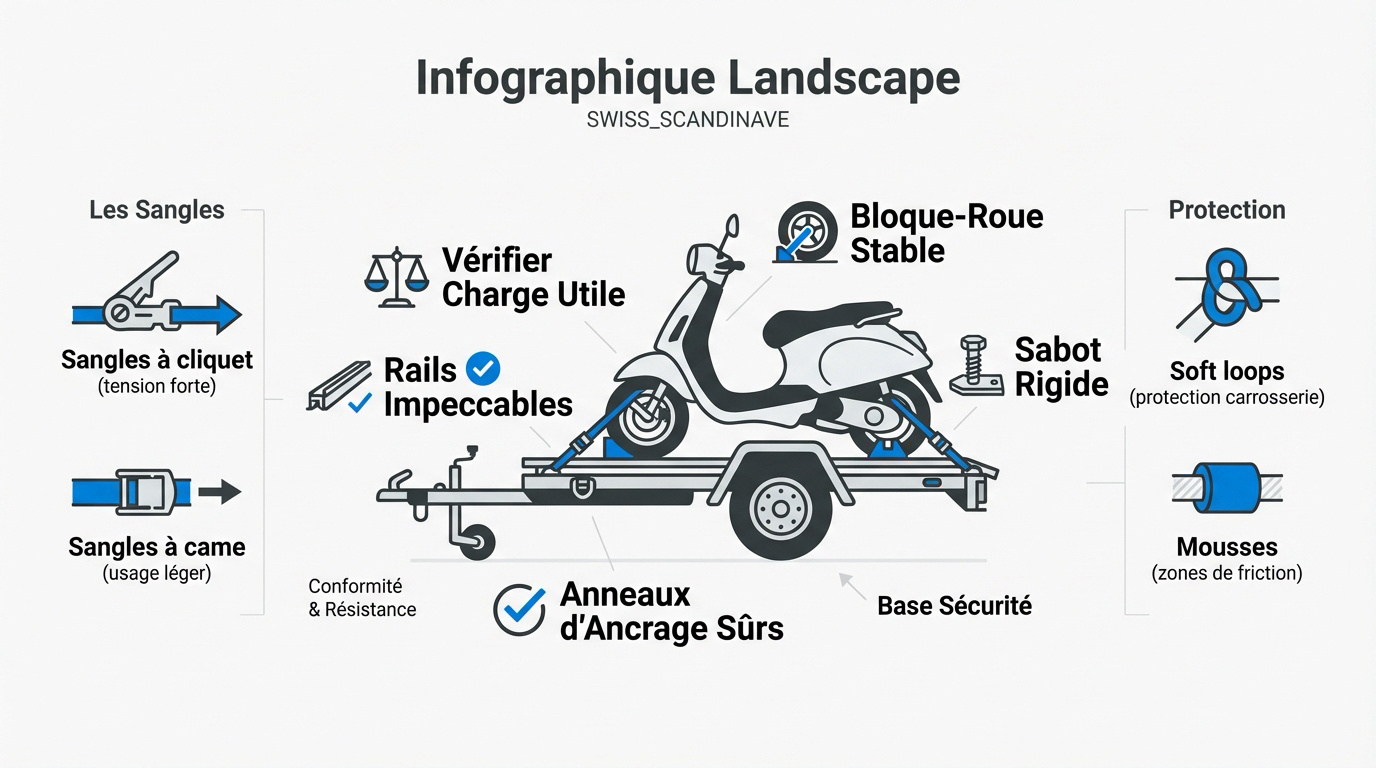 Infographie technique détaillant les points d'ancrage et le sanglage d'un scooter sur une remorque
