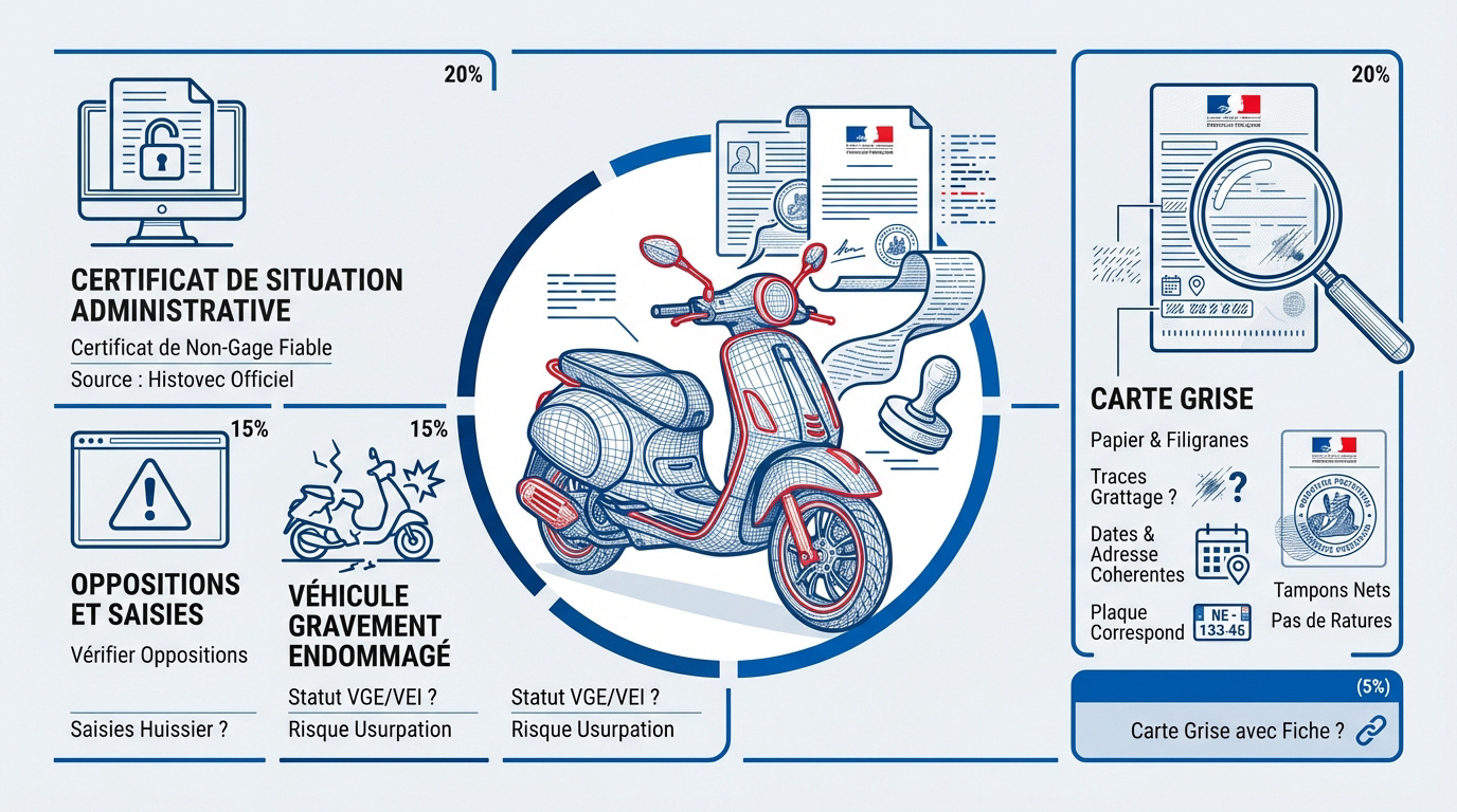 Infographie détaillant les points de contrôle de la carte grise et du numéro de série d'un scooter