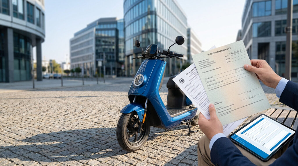 Homme avec documents et tablette pour l'immatriculation d'un scooter bleu neuf, garé sur des pavés en ville.