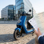 Homme avec documents et tablette pour l'immatriculation d'un scooter bleu neuf, garé sur des pavés en ville.