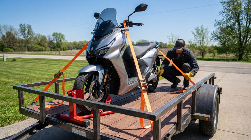 Sangler un scooter sur remorque avec méthode de triangulation sécurisée