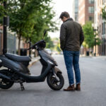 Un homme pensif regarde son scooter gris garé en bord de rue. Immeubles en brique et arbres en arrière-plan urbain.