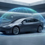 Voiture moderne grise sous un dôme de protection numérique avec icônes satellite. Montre la sécurité et la connectivité avancées d'Eurodatacar.