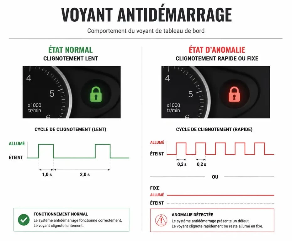 Schéma explicatif du voyant rouge qui clignote voiture éteinte : fonctionnement normal vs anomalie