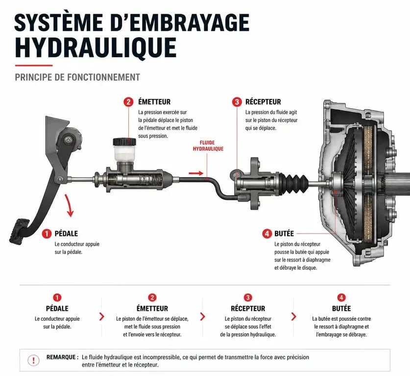 Schéma simplifié du fonctionnement d'un système d'embrayage hydraulique pour comprendre les symptômes d'une mauvaise purge
