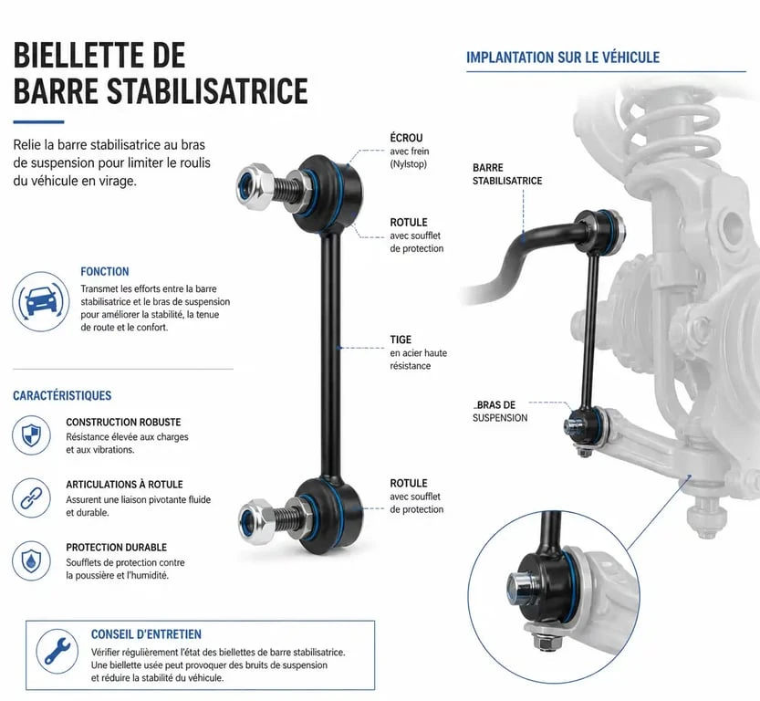 Schéma technique montrant le fonctionnement d'une biellette de barre stabilisatrice pour le changement de la pièce