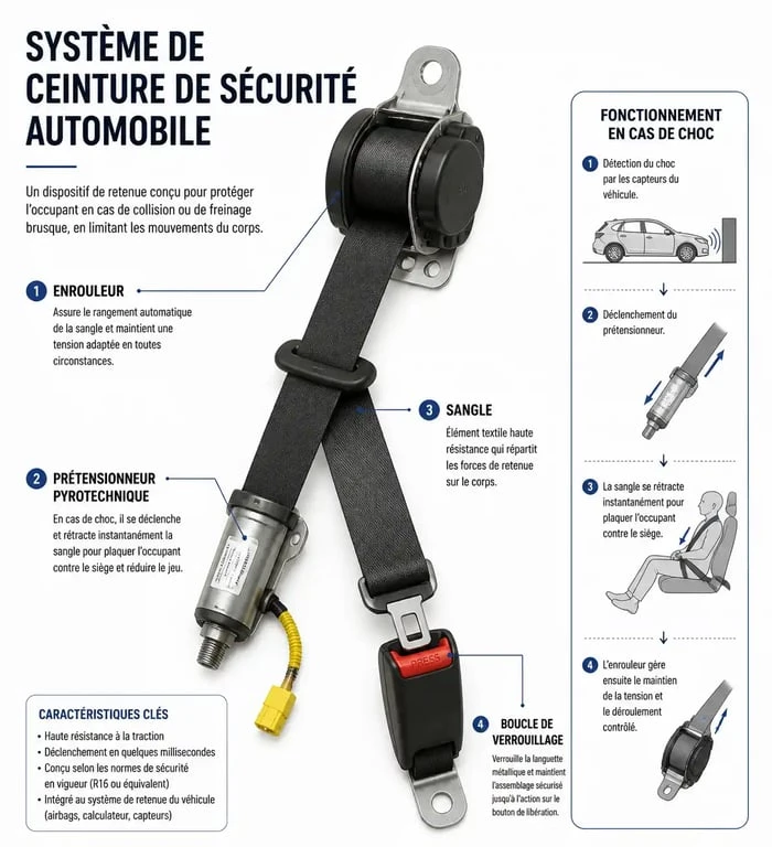 Schéma technique des composants d'une ceinture de sécurité pour le remplacement et la conformité au contrôle technique