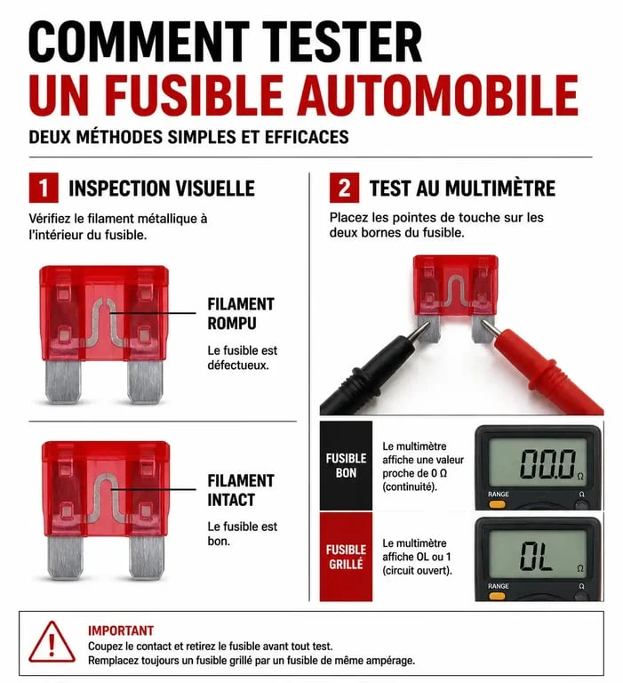 Infographie expliquant comment tester un fusible de voiture avec un multimètre