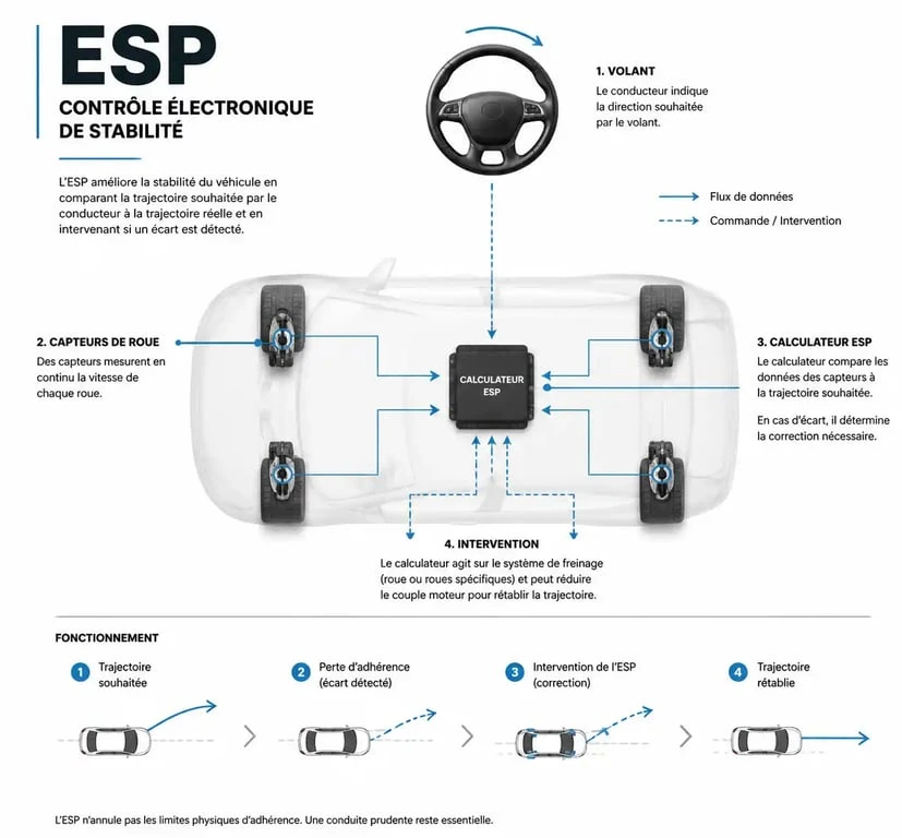 Schéma explicatif du fonctionnement du système ESP et du voyant voiture qui glisse sur le tableau de bord