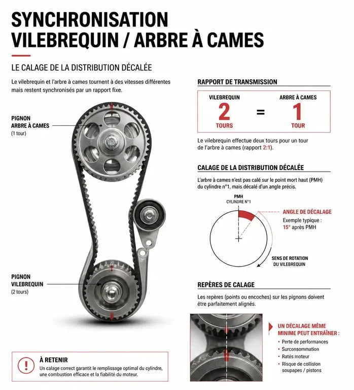 Schéma technique illustrant le calage de la distribution décalée sur un moteur