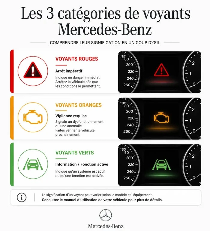 Infographie récapitulative de la signification des voyants tableau de bord Mercedes-Benz par code couleur