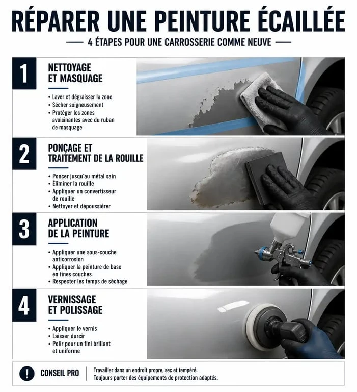Étapes de réparation d'une peinture écaillée sur une voiture