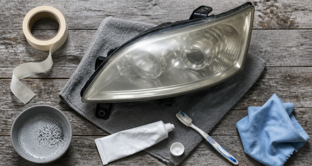 nettoyer phare voiture dentifrice sur plan de travail
