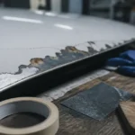 Peinture écaillée voiture : apprêt et convertisseur anti-corrosion sur capot en atelier