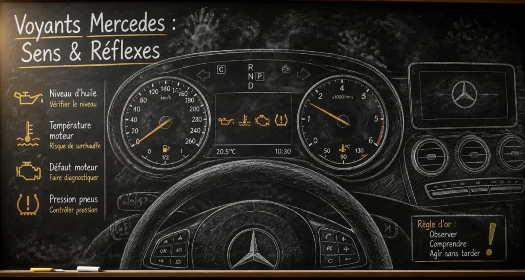 Signification des voyants tableau de bord Mercedes dessinés à la craie
