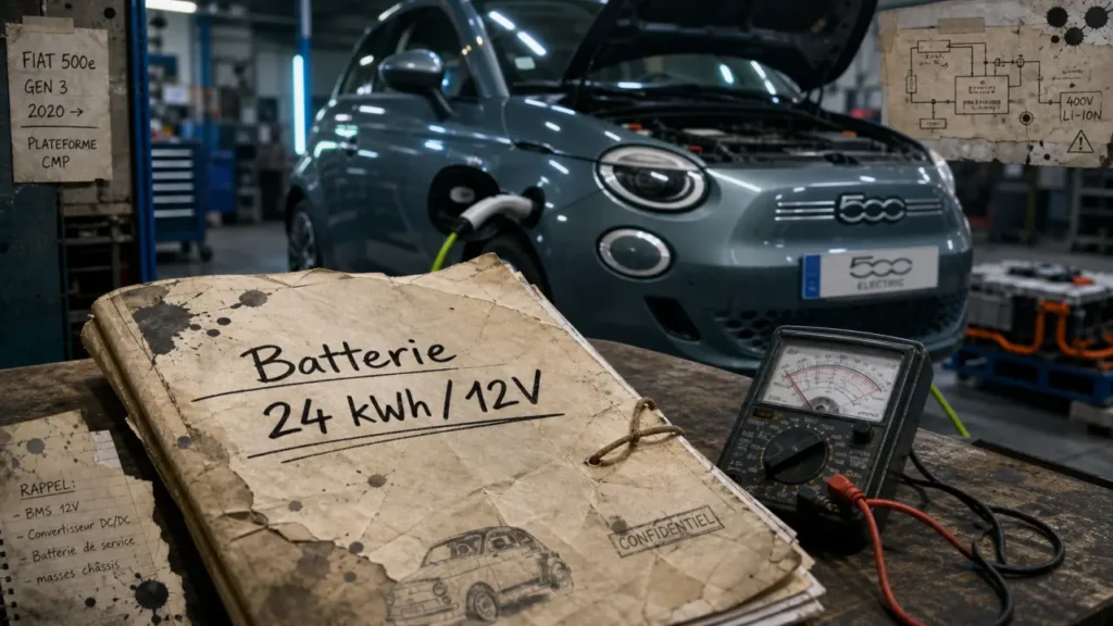 batterie fiat 500 electrique 12V : multimètre et étiquettes en atelier