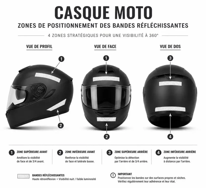 Schéma de positionnement des bandes réfléchissantes obligatoires sur un casque moto