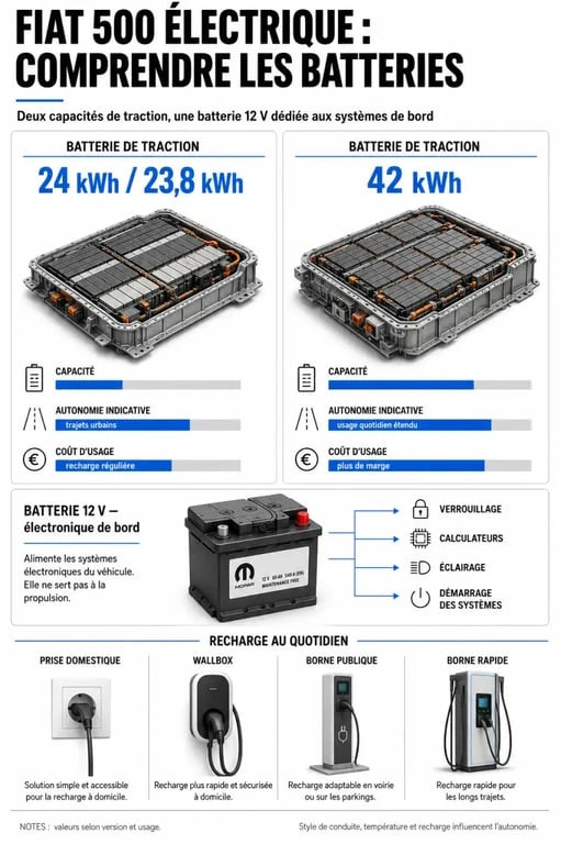 Infographie sur la batterie fiat 500 electrique : 24 kWh, 42 kWh, batterie 12V et modes de recharge