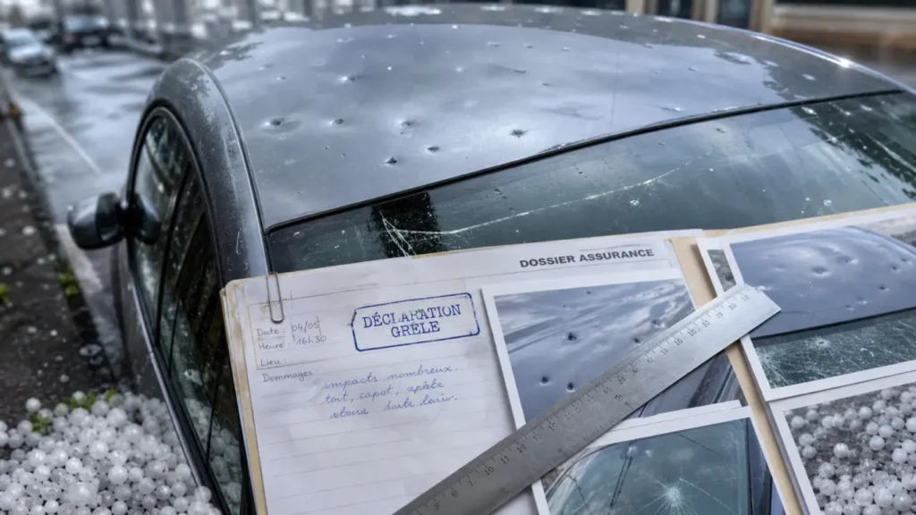 Voiture grélée : capot et pare-brise avec impacts et fissure