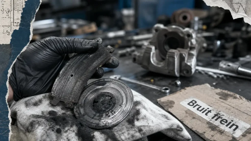 Bruit frein voiture : plaquette usée et disque frotté, atelier automobile