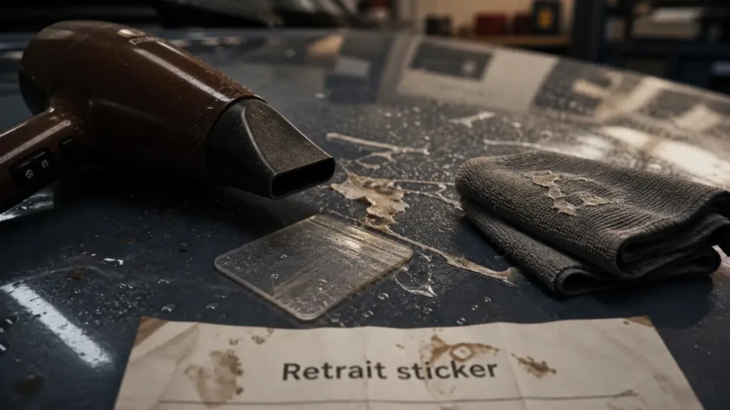 Enlever stickers voiture avec chaleur douce, raclette plastique et microfibre