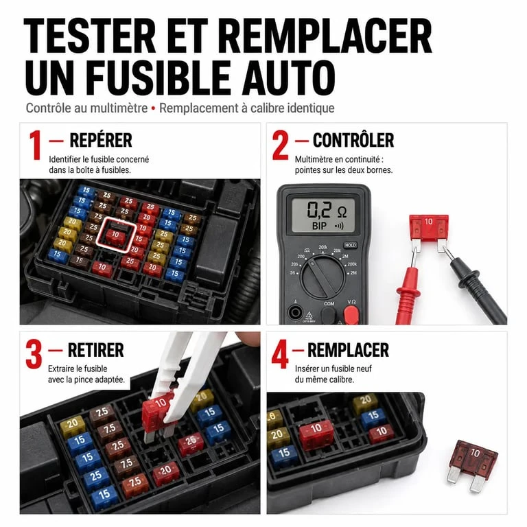 Voiture fusible : test au multimètre et remplacement d'un fusible grillé en 4 étapes