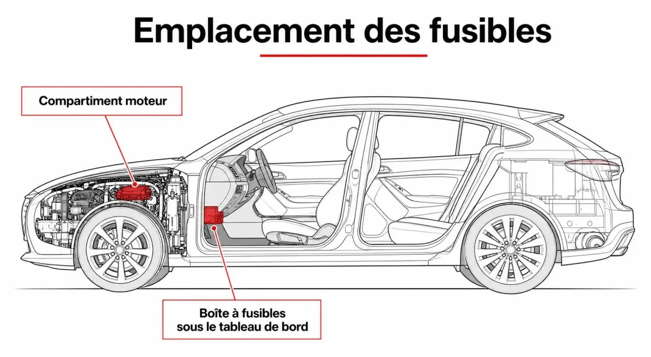 Voiture fusible : emplacements de la boîte à fusibles sous le tableau de bord et dans le compartiment moteur