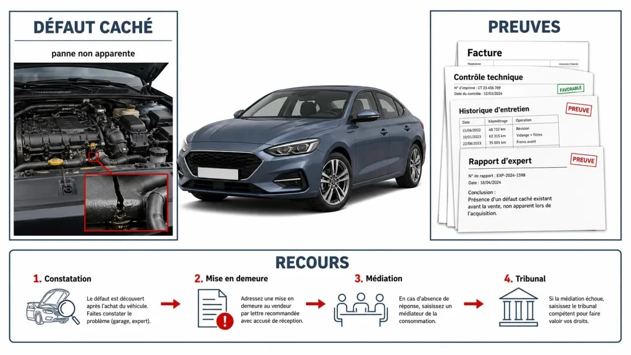 Vice caché sur véhicule : schéma comparatif des preuves et des recours juridiques