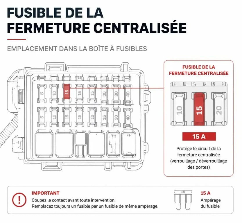 Schéma de localisation du fusible pour une panne de fermeture centralisée ne fonctionne plus