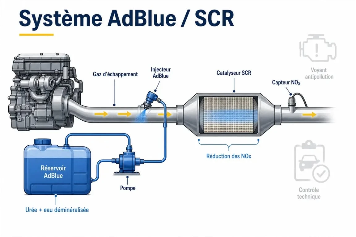 Suppression adblue contrôle technique : schéma du système SCR, du réservoir à l’injecteur