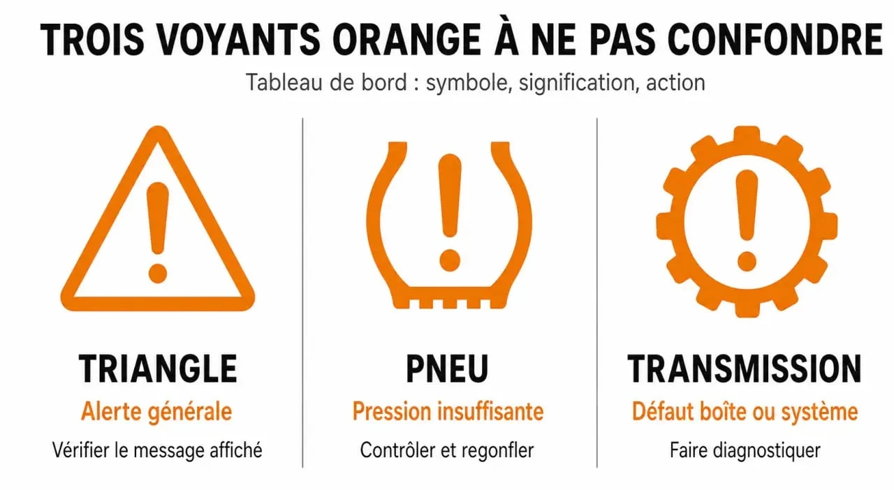 Voyant point exclamation orange : comparaison des symboles triangle, pneu et roue dentée
