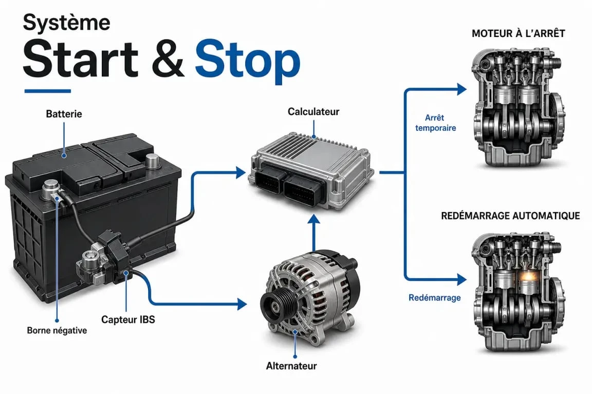 Stop and start a controler : schéma du système Start & Stop avec batterie, capteur IBS, alternateur et calculateur