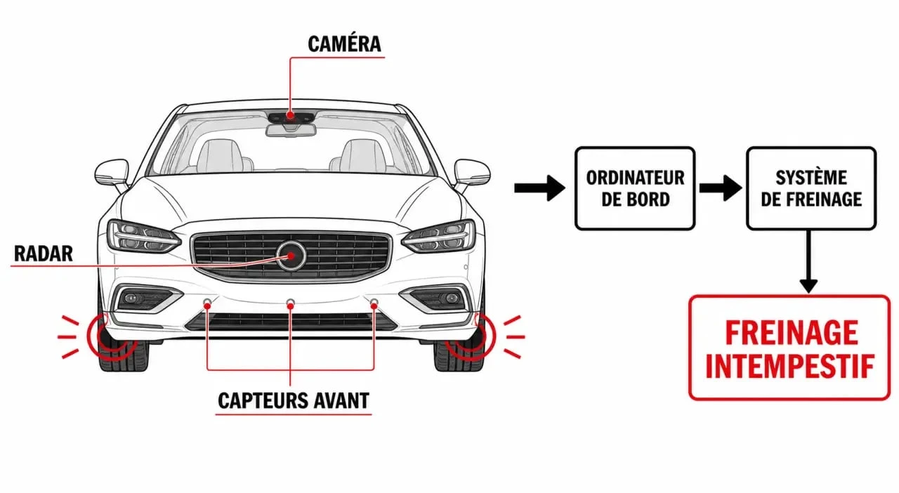 Voiture qui freine toute seule : schéma simplifié des capteurs avant et du freinage automatique