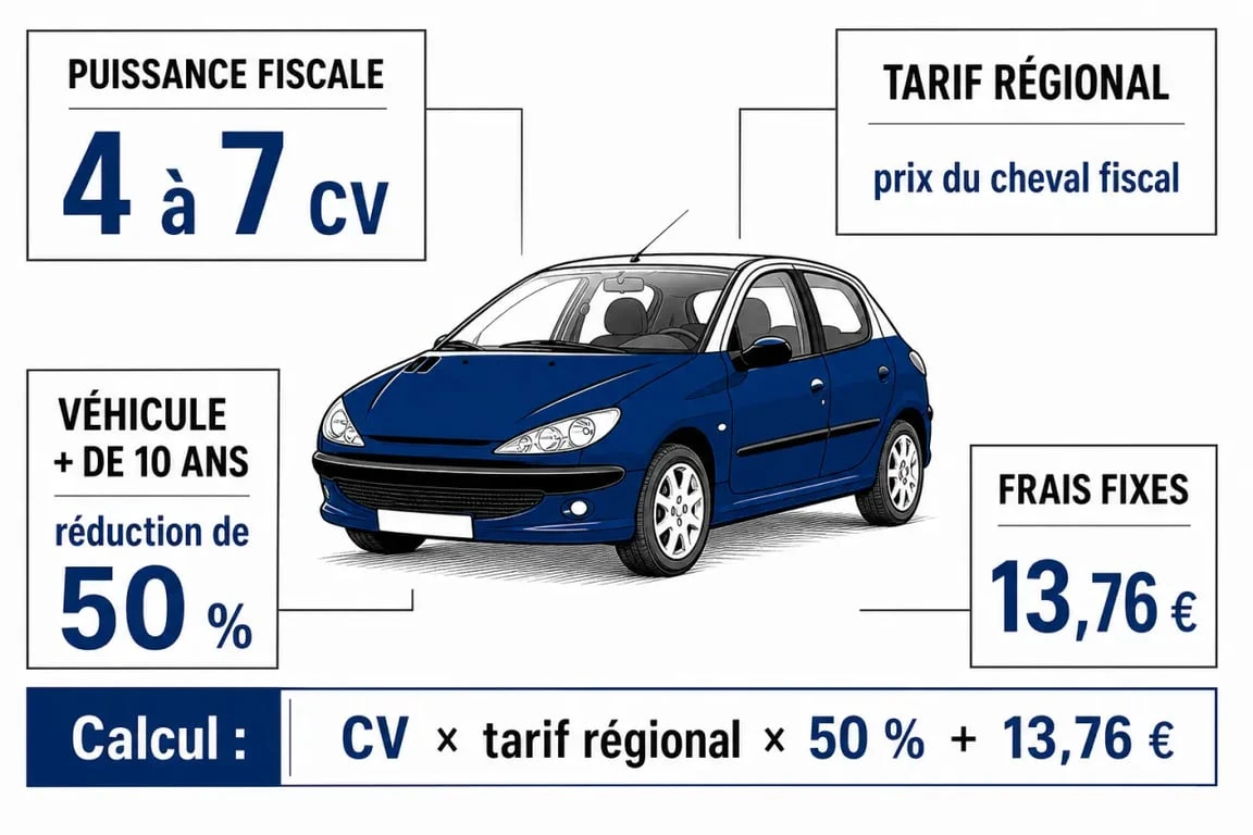 Prix carte grise 206 : visualisation du calcul entre chevaux fiscaux, tarif régional et réduction de 50 %