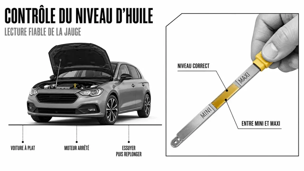 Huile moteur niveau : schéma simple pour lire la jauge entre mini et maxi