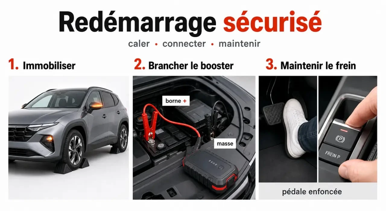 Comment enlever le frein à main automatique sans batterie : illustration d’une procédure sécurisée avec cales de roue et batterie d’appoint