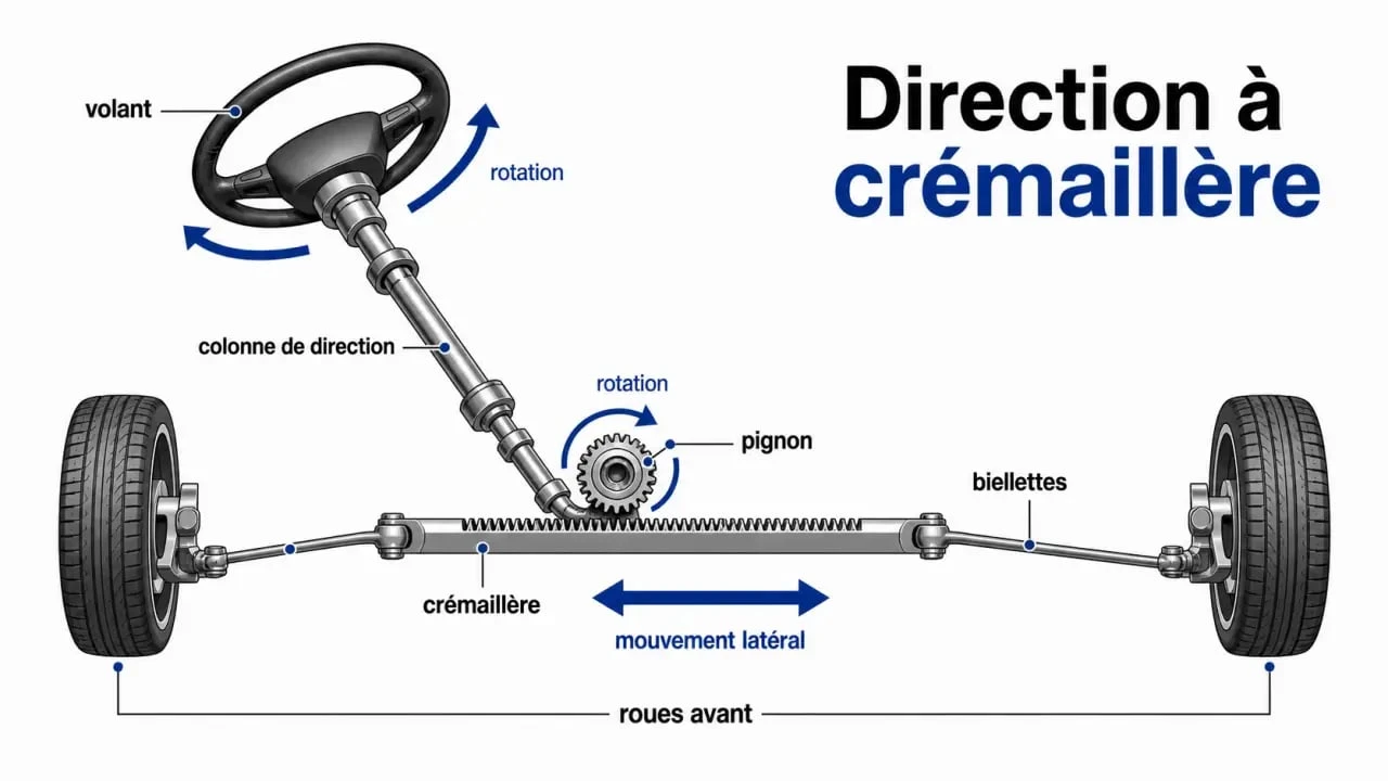 voiture cremaillere : schéma simplifié de la crémaillère de direction