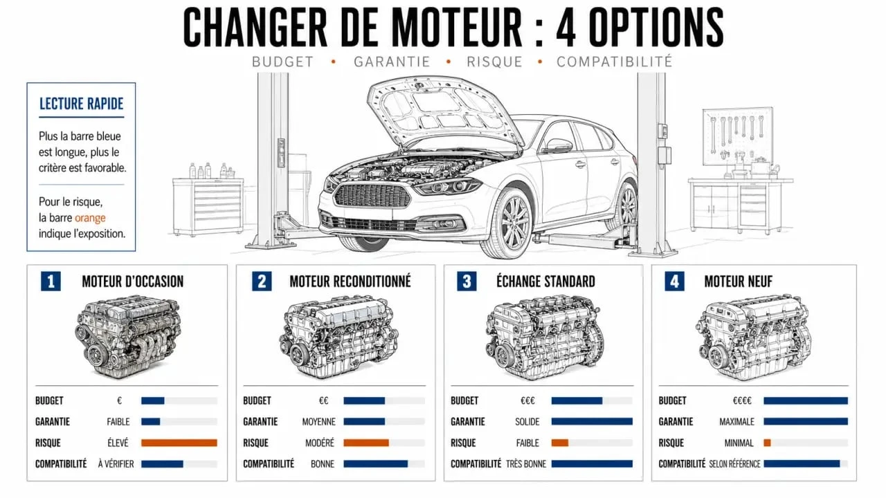 Changer de moteur sur une voiture : comparaison visuelle des options moteur d’occasion, reconditionné, échange standard et neuf avec coûts et risques