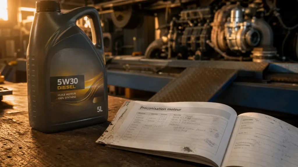 Quelle huile pour moteur diesel : bidon 5W30 et carnet d’entretien, atelier