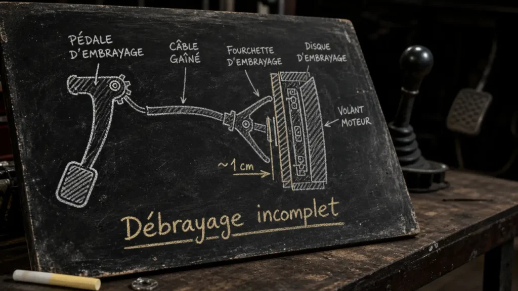Vitesse ne passe plus moteur allumé : débrayage incomplet (embrayage câble boîte)