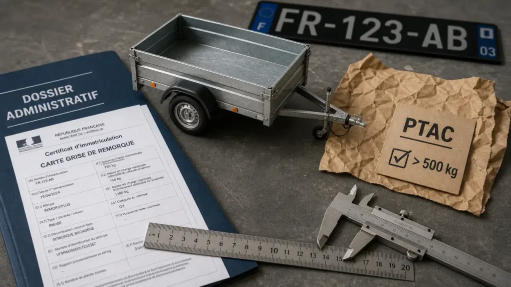 Carte grise remorque PTAC 500 kg, permis B, plaque spécifique