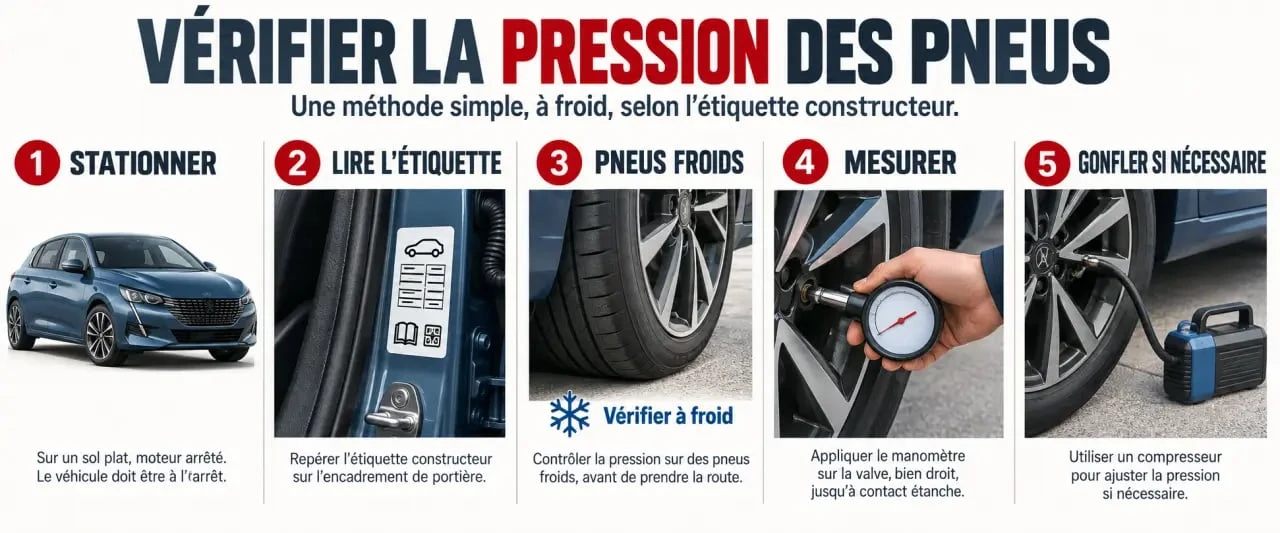 Vérification de la pression des pneus voiture avec un manomètre et l’étiquette constructeur