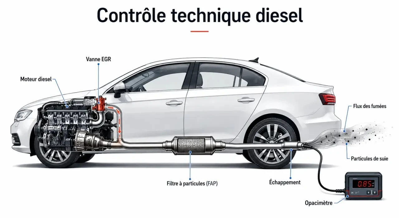 Schéma de l’opacité voiture au contrôle technique avec opacimètre, FAP et vanne EGR
