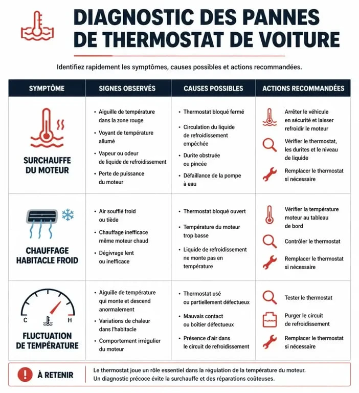 Tableau de diagnostic des symptômes d'un thermostat de voiture défectueux