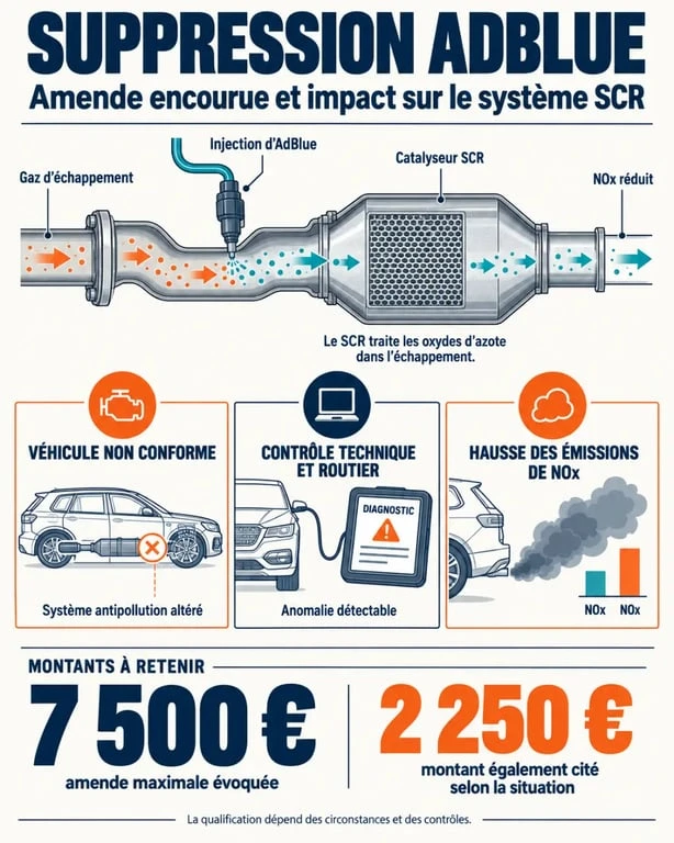 Infographie sur la suppression AdBlue et l’amende encourue, les contrôles et les risques de non-conformité