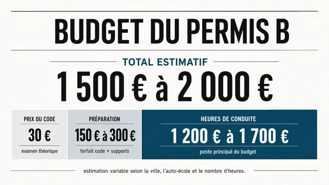 Prix code de la route permis : répartition visuelle entre examen, préparation et budget total